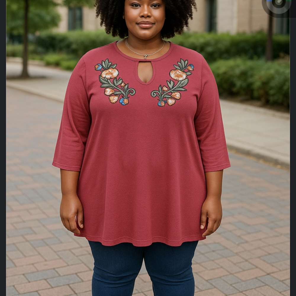 Karen Brooks Burgundy Floral Tunic Top